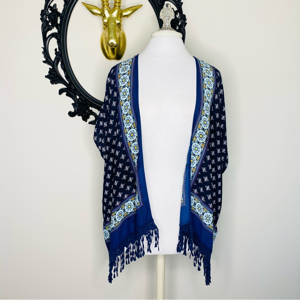 Jolt Blue Kimono with Print, Lace and Fringe